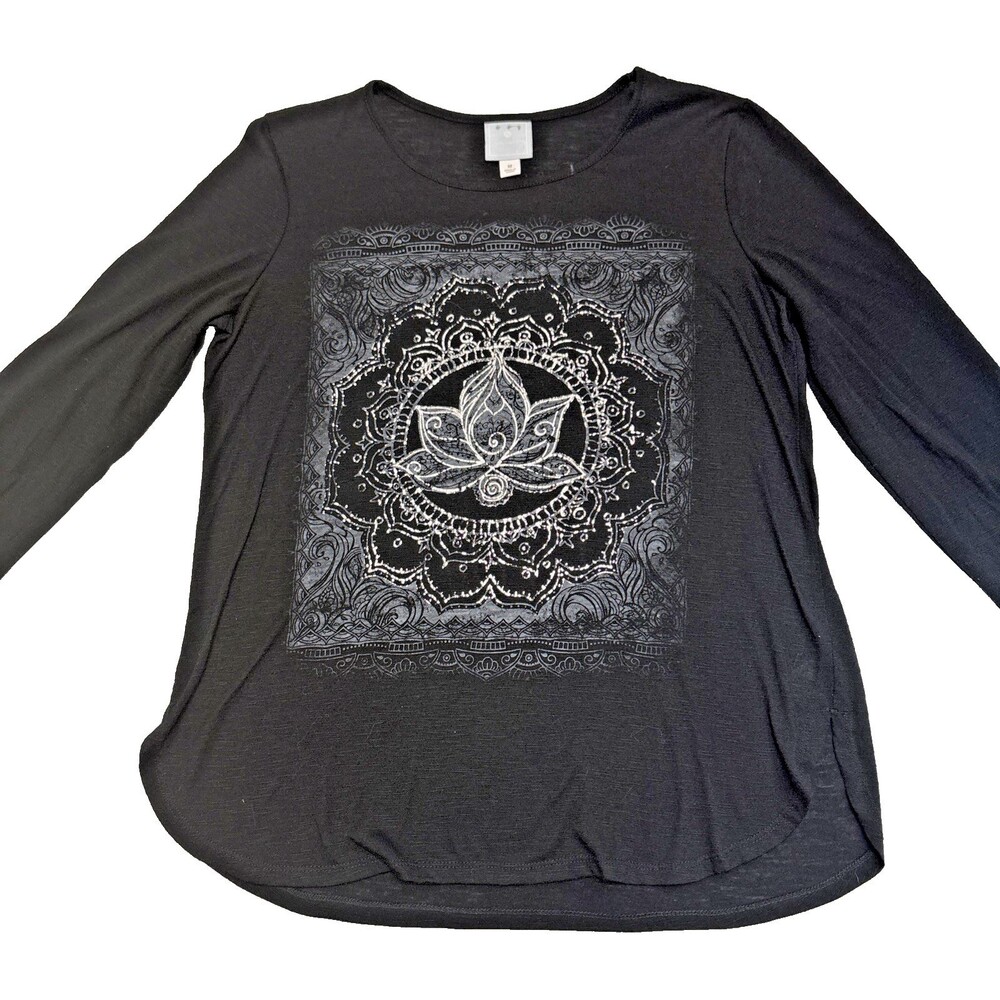 Sunday Pullover Womens Medium Black Long Sleeve White Lotus graphic Knit